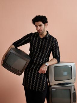 KISAH - Men Black Cotton Jacquard Pathani Kurta