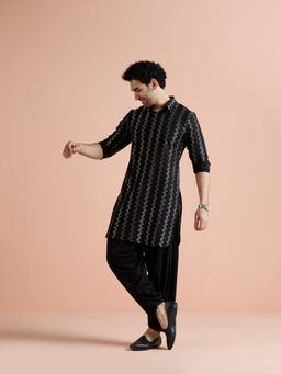 KISAH - Black Cotton Jacquard Pathani Kurta and Patiala Set