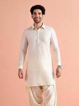 KISAH - Men Off-White Viscose Embroidered Pathani Kurta