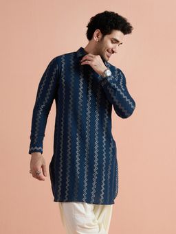 KISAH - Men Navy Blue Cotton Jacquard Pathani Kurta