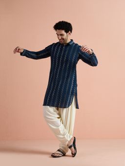KISAH - Blue Cotton Jacquard Pathani Kurta and Patiala Set