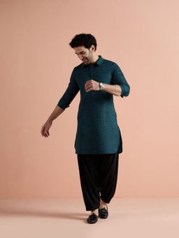 KISAH - Teal Cotton Jacquard Pathani Kurta and Patiala Set