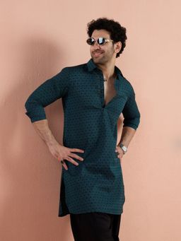 KISAH - Men Teal Cotton Jacquard Pathani Kurta
