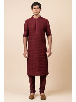 TASVA - Maroon Kurta and Churidar Set with Tonal Dori Embroidery