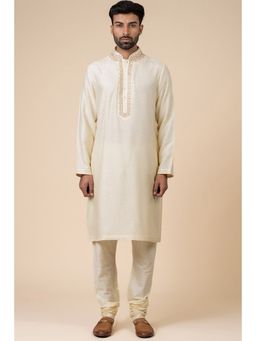 TASVA - Beige Jacquard Kurta and Churidar Set with Aari Embroidered Placket