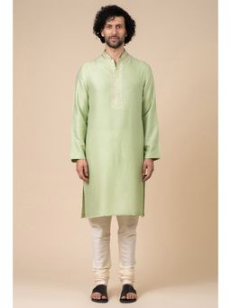 TASVA - Light Green Jacquard Kurta and Churidar Set with Aari Embroidered Placket