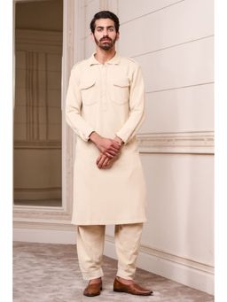 TASVA - Cream Kurta and Salwar Set with Kantha Stitch Detailing