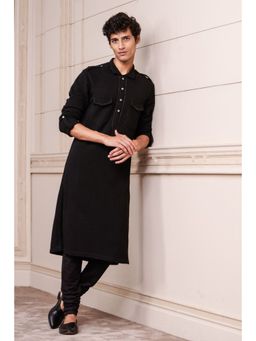 TASVA - Black Kurta and Churidar Set with Kantha Stitch Detailing
