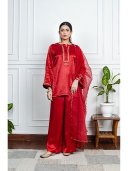 House of Surkh - Red Gajji Silk Embroidered Kurti with Palazzo and Dupatta (Set of 3)