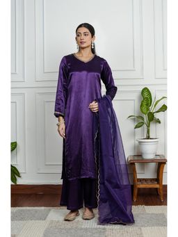 House of Surkh - Purple Embroidered Gajji Silk Kurta with Palazzo and Dupatta (Set of 3)
