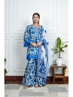 House of Surkh - Blue Flower Print Cotton Kurt with Sharara and Dupatta (Set of 3)