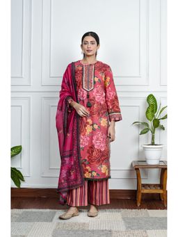 House of Surkh - Red Flower Print Kurta with Palazzo and Dupatta (Set of 3)