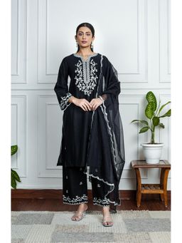 House of Surkh - Black Lawn Embroidered Kurta with Palazzo (Set of 2)