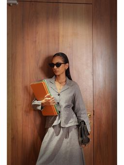 House of Surkh - Dove Grey Box Pleat Skirt and Jacket (Set of 2)