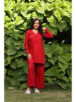 House of Surkh - Red Lawn Short Kurta And Chikankari Palazzo (Set of 2)
