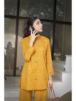House of Surkh - Women Mustard Cotton Embroidered Kurti with Pant