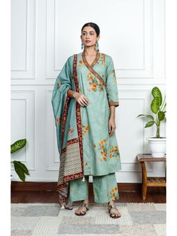 House of Surkh - Green Printed Cotton Angarkha Kurta with Pant and Dupatta