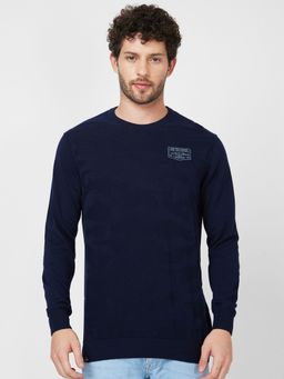 Spykar - Full Sleeve Round Neck Navy Blue Cotton Sweater