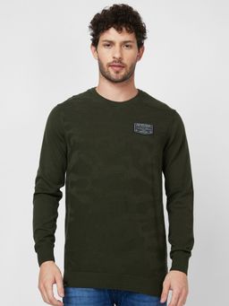 Spykar - Full Sleeve Round Neck Olive Green Cotton Sweater