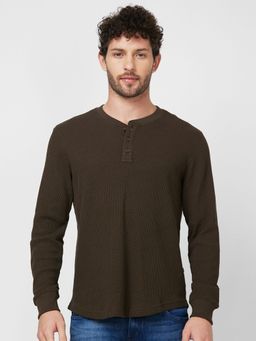 Spykar - Henley Neck Full Sleeve Brown Solid T-Shirt