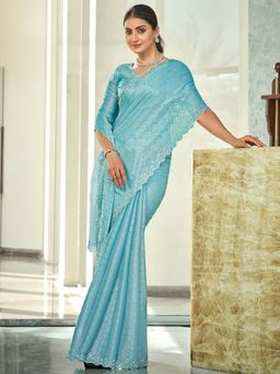 Stylee LIFESTYLE - Sky Blue Silk Blend Embellished Saree with Unstitched Blouse