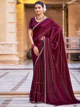 Stylee LIFESTYLE - Wine Shimmer Chiffon Embellished Saree with Unstitched Blouse