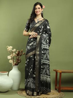 Stylee LIFESTYLE - Black Silk Blend Floral Print Saree with Unstitched Blouse