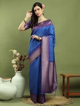Stylee LIFESTYLE - Blue Silk Blend Woven Zari Saree with Unstitched Blouse