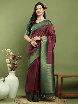 Stylee LIFESTYLE - Maroon Silk Blend Woven Zari Saree with Unstitched Blouse