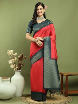 Stylee LIFESTYLE - Red Silk Blend Woven Zari Saree with Unstitched Blouse