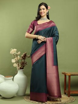 Stylee LIFESTYLE - Teal Silk Blend Woven Zari Saree with Unstitched Blouse