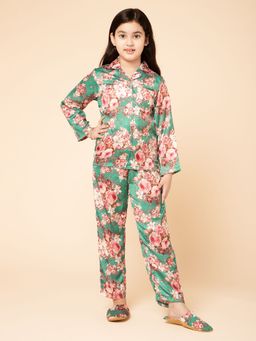 PICCOLO - Satin Floral Print Night Suit Green (Set of 3)
