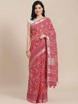 Yufta - Women Red Hand Block Print Cotton Linen Saree with Unstitched Blouse