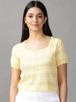 SHOWOFFFF - Womens Square Neck Fitted Self Design Yellow Top
