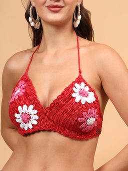 Velvery - Floral Halterneck Bralette Beachwear - Red