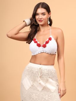 Velvery - Crochet Rose Halterneck Bralette Top - White