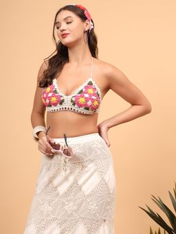 Velvery - Floral Resortwear Crochet Top - Pink