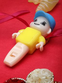 PANASH - Kids Yellow Whistle Toy Rakhi With Roli Chawal Pack