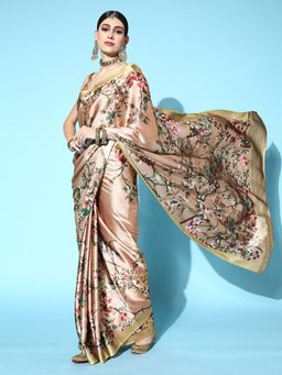 Akhilam - Womens Crepe Beige Digital Print Designer Saree with Unstitched Blouse