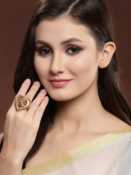 PANASH - Gold Plated Red and Green Stone Heart Shaped Handcrafted Finger Ring