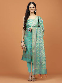 MEENA BAZAAR - Woven Green Chanderi Unstitched Kurta with Bottom and Dupatta