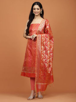 MEENA BAZAAR - Woven Orange Chanderi Unstitched Kurta with Bottom and Dupatta