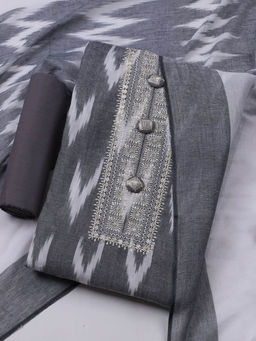 MEENA BAZAAR - Embroidered Grey Cotton Unstitched Kurta with Bottom and Dupatta