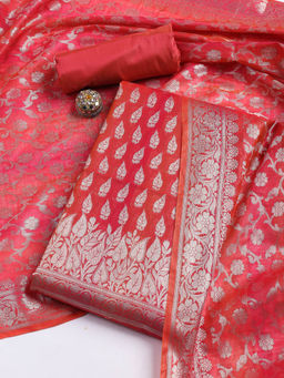 MEENA BAZAAR - Woven Pink Chanderi Unstitched Kurta with Bottom and Dupatta
