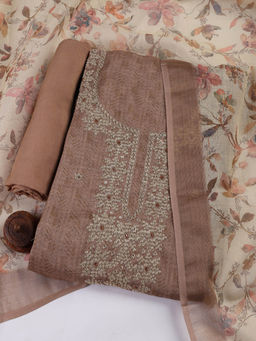 MEENA BAZAAR - Embroidered Brown Chanderi Unstitched Kurta with Bottom and Dupatta