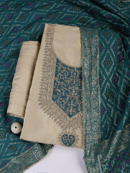 MEENA BAZAAR - Embroidered Green Chanderi Unstitched Kurta with Bottom and Dupatta