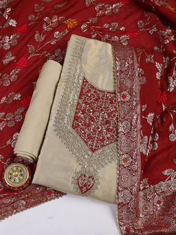 MEENA BAZAAR - Embroidered Maroon Chanderi Unstitched Kurta with Bottom and Dupatta