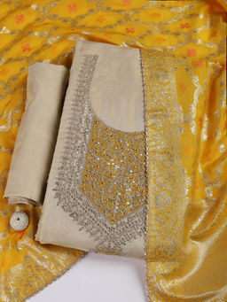 MEENA BAZAAR - Embroidered Mustard Chanderi Unstitched Kurta with Bottom and Dupatta