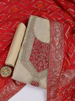MEENA BAZAAR - Embroidered Red Chanderi Unstitched Kurta with Bottom and Dupatta