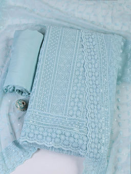 MEENA BAZAAR - Embroidered Blue Georgette Unstitched Kurta with Bottom and Dupatta